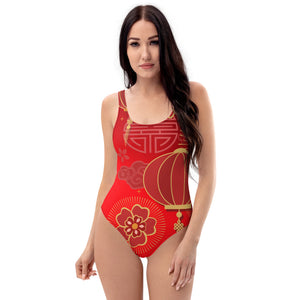 One Piece Swimsuit - Oriental Flower - Red Carnival